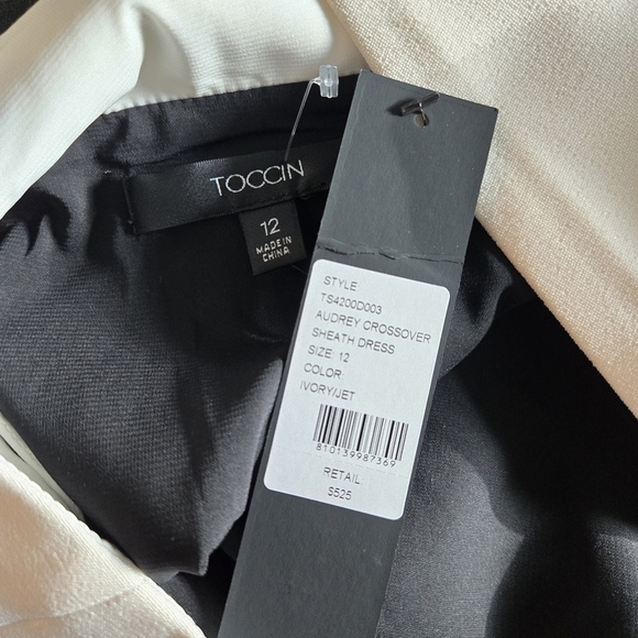 New Toccin Audrey Crossover Colorblock Ivory/Jet Sheath Cocktail Dress Size 12 - Picture 9 of 9